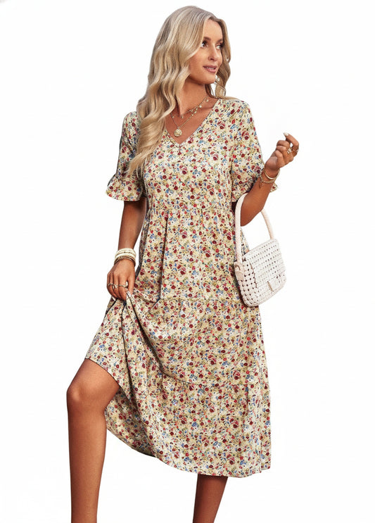 Femme Robe Midi Manches Courtes à Volants avec Col en V et Imprimé Floral