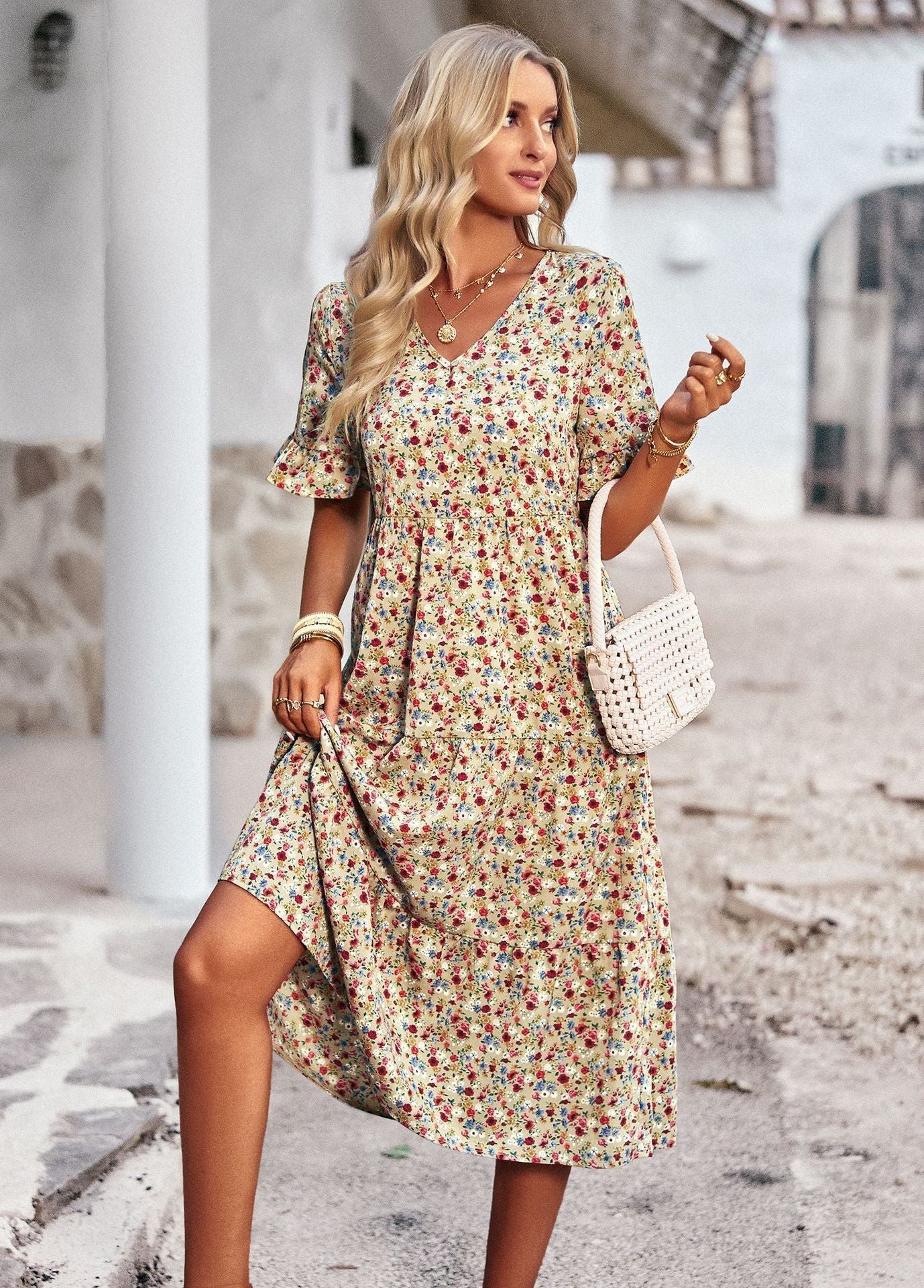 Femme Robe Midi Manches Courtes à Volants avec Col en V et Imprimé Floral
