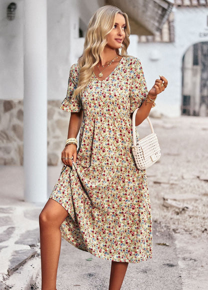 Women's Midi Dress with Short Ruffled Sleeves, V-Neck, and Floral Print - 2