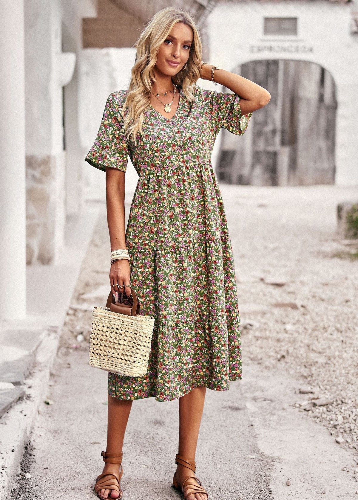 Women's Midi Dress with Short Ruffled Sleeves, V-Neck, and Floral Print - 3
