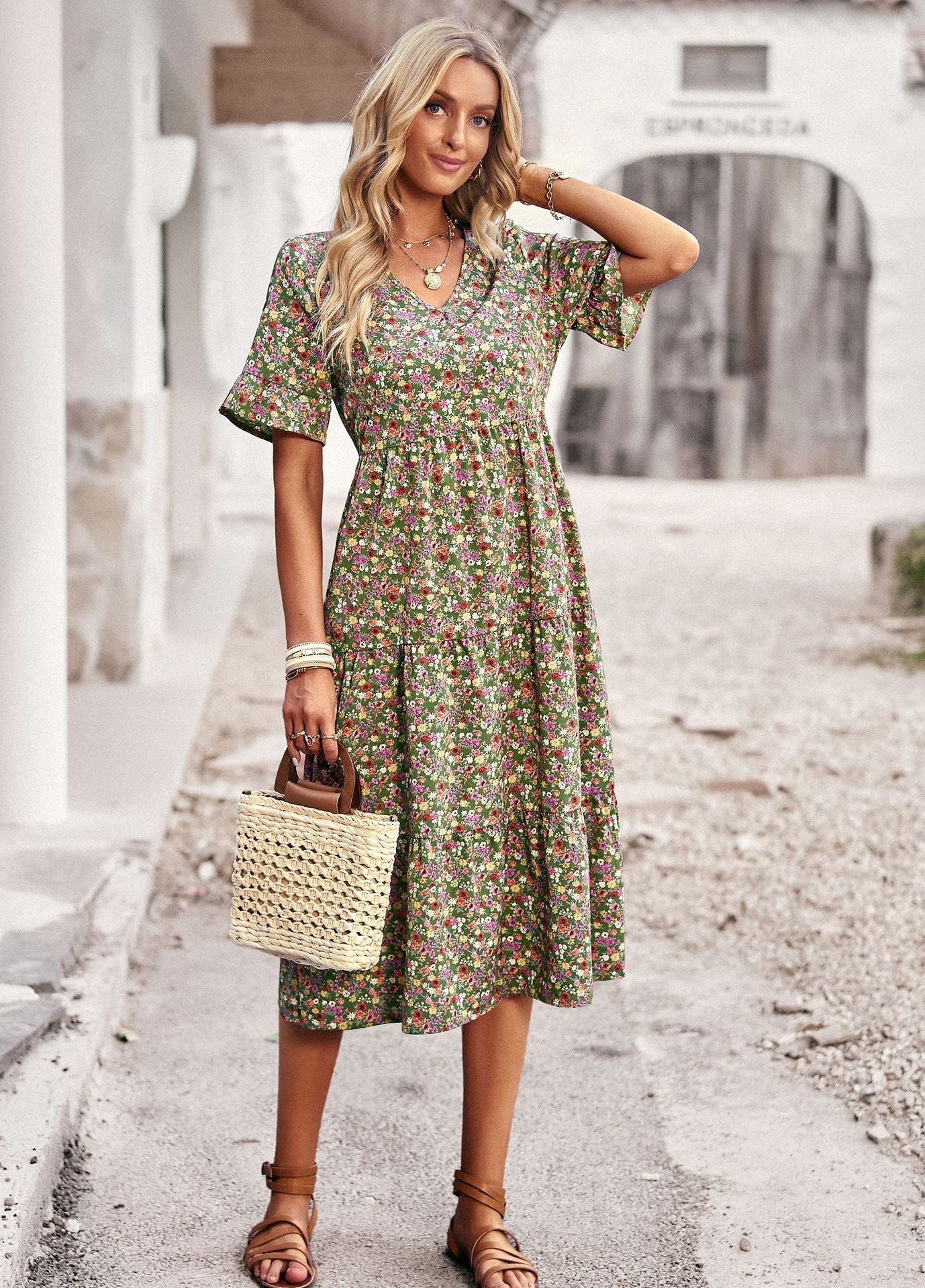 Women's Midi Dress with Short Ruffled Sleeves, V-Neck, and Floral Print - 3