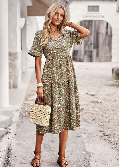 Women's Midi Dress with Short Ruffled Sleeves, V-Neck, and Floral Print - 3