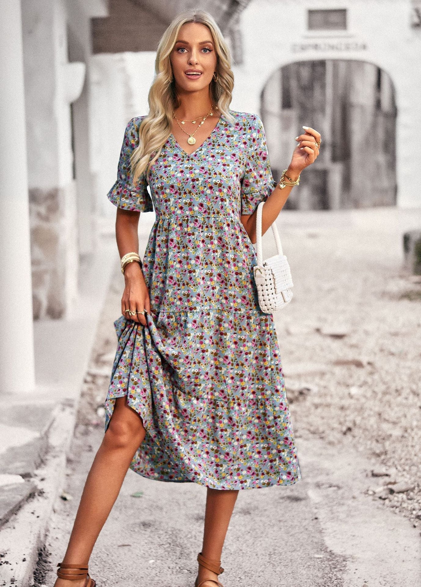 Women's Midi Dress with Short Ruffled Sleeves, V-Neck, and Floral Print - 4