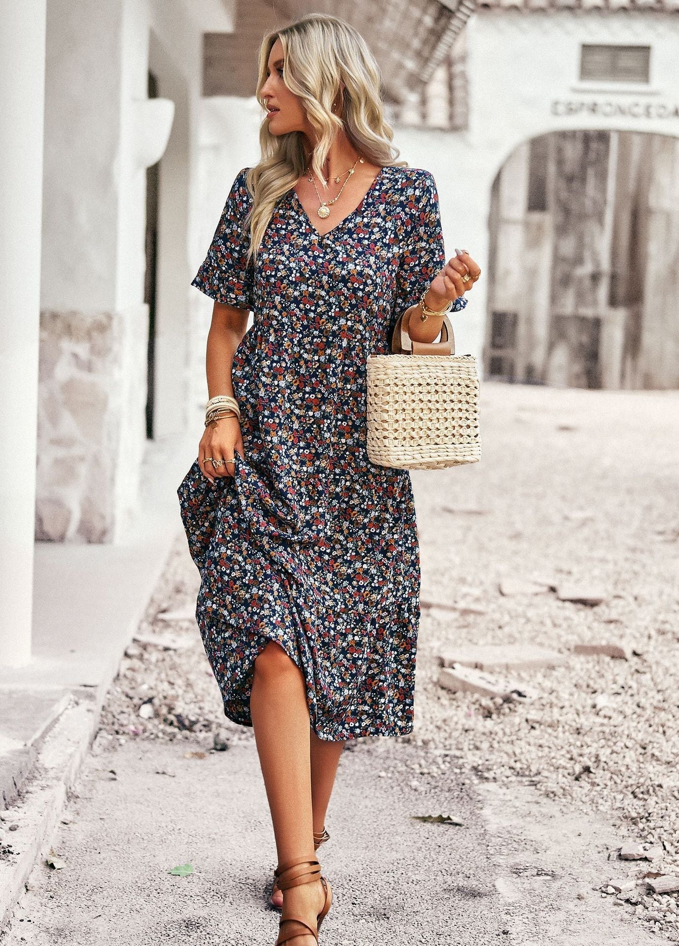 Femme Robe Midi Manches Courtes à Volants avec Col en V et Imprimé Floral