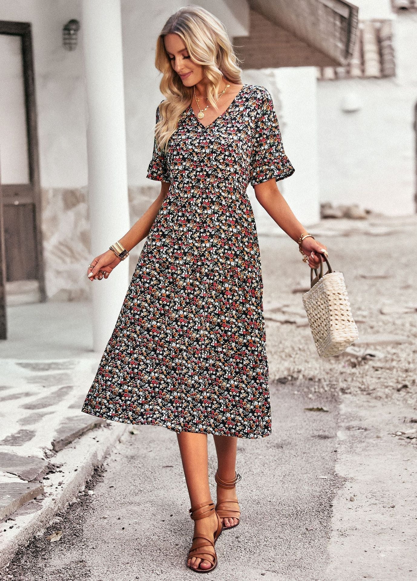 Femme Robe Midi Manches Courtes à Volants avec Col en V et Imprimé Floral