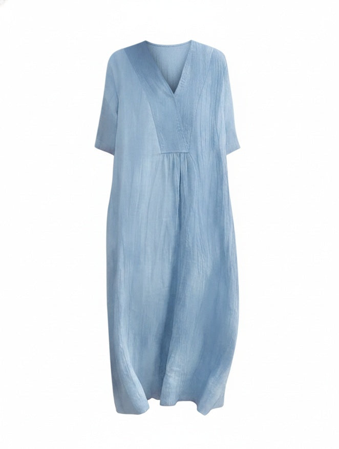 Femme Robe Midi Manches Courtes avec Col en V et Coupe Ample