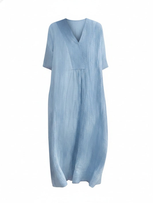 Femme Robe Midi Manches Courtes avec Col en V et Coupe Ample