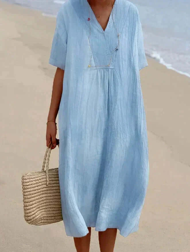 Femme Robe Midi Manches Courtes avec Col en V et Coupe Ample