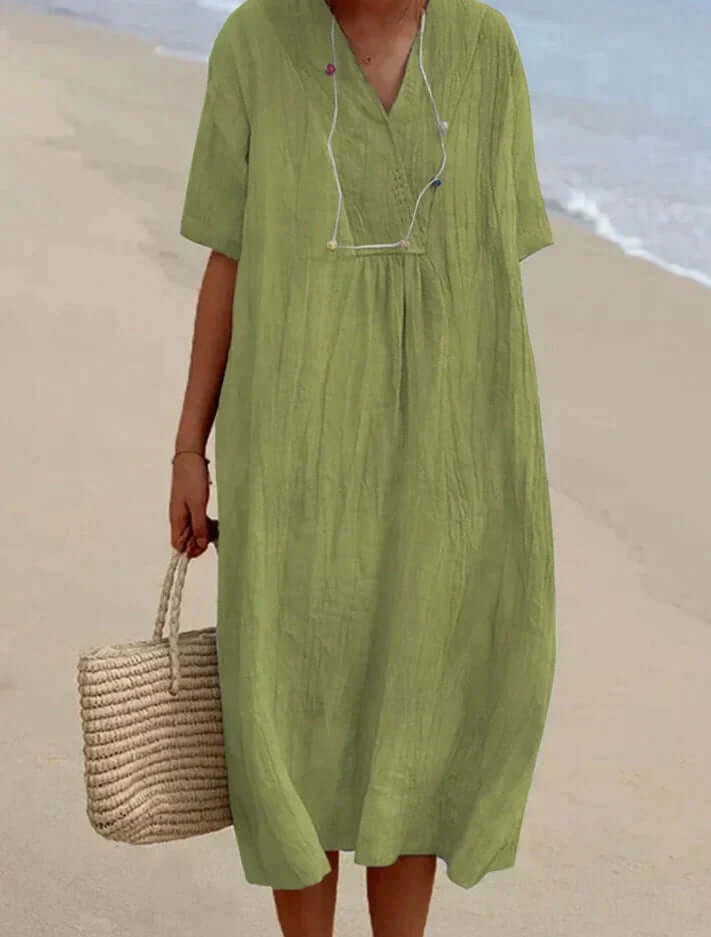 Femme Robe Midi Manches Courtes avec Col en V et Coupe Ample