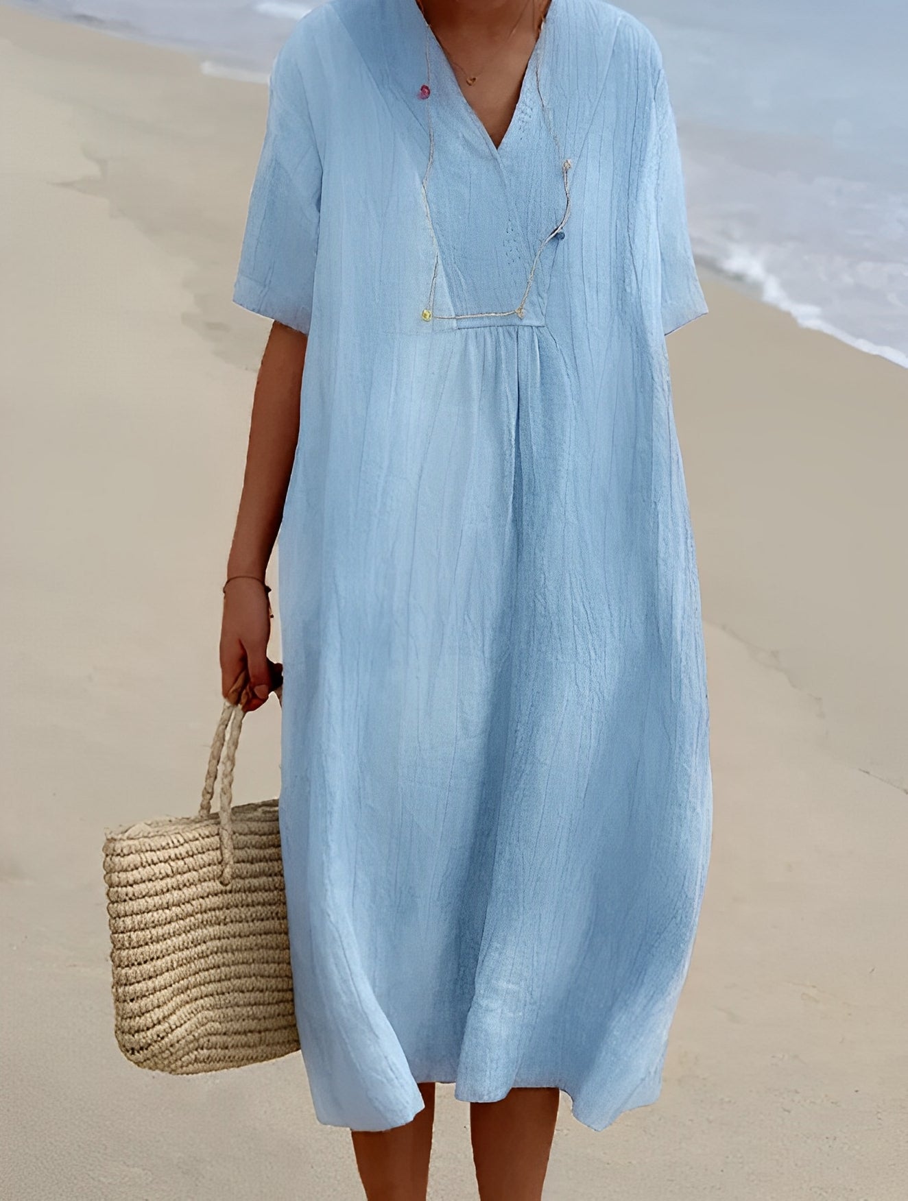 Femme Robe Midi Manches Courtes avec Col en V et Coupe Ample