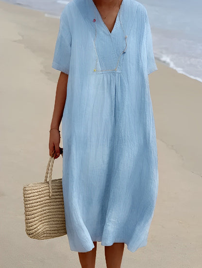 Women's Short Sleeve Midi Dress with V-Neck and Loose Fit - 4