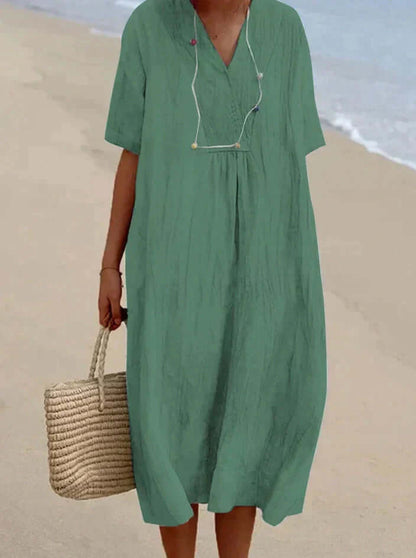 Femme Robe Midi Manches Courtes avec Col en V et Coupe Ample