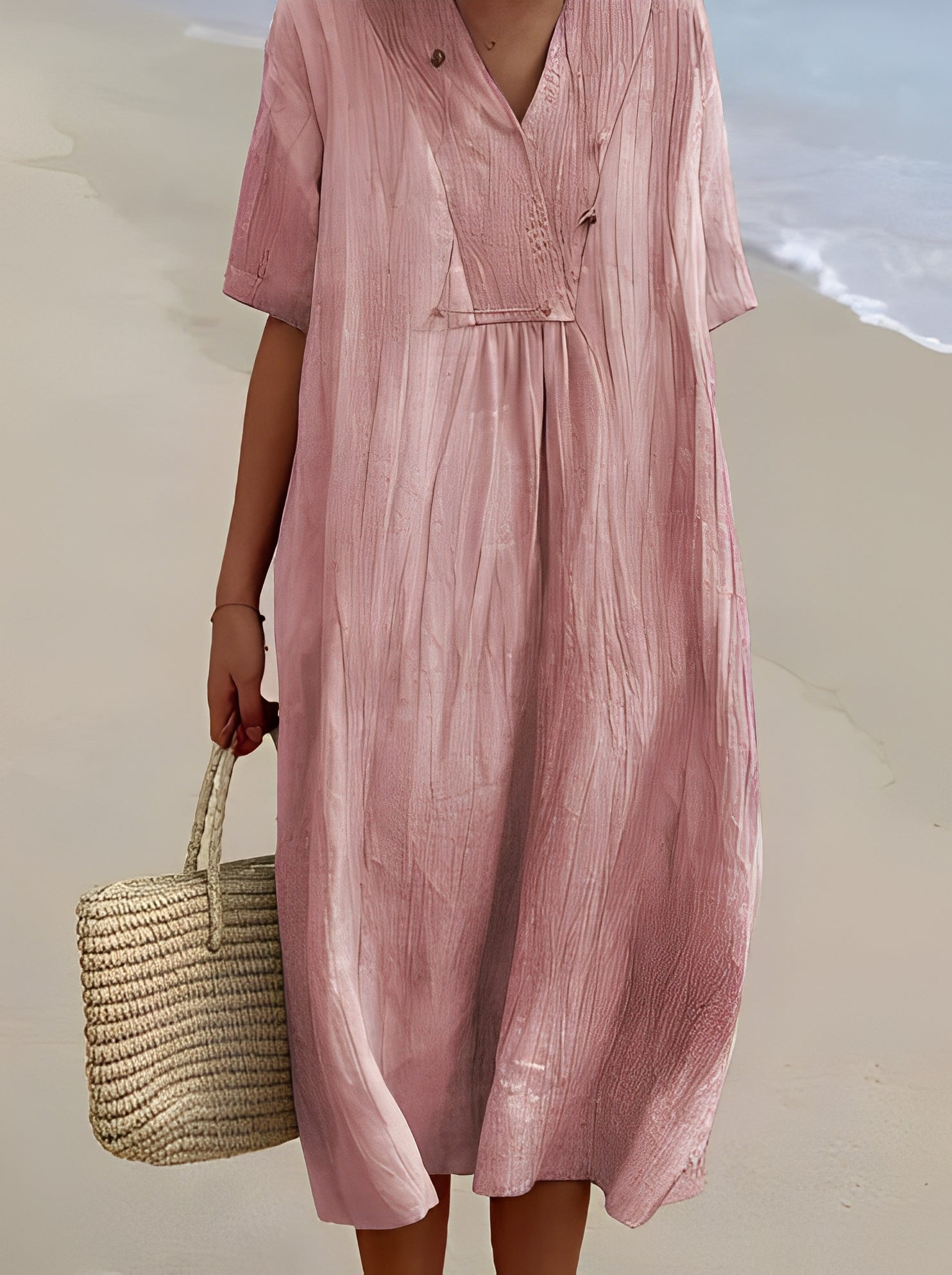 Women's Short Sleeve Midi Dress with V-Neck and Loose Fit - 5