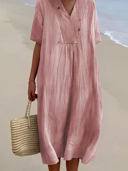Women's Short Sleeve Midi Dress with V-Neck and Loose Fit - 5