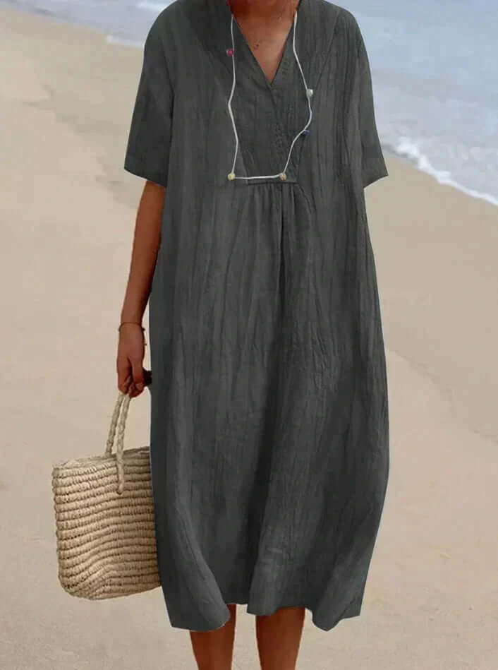 Femme Robe Midi Manches Courtes avec Col en V et Coupe Ample