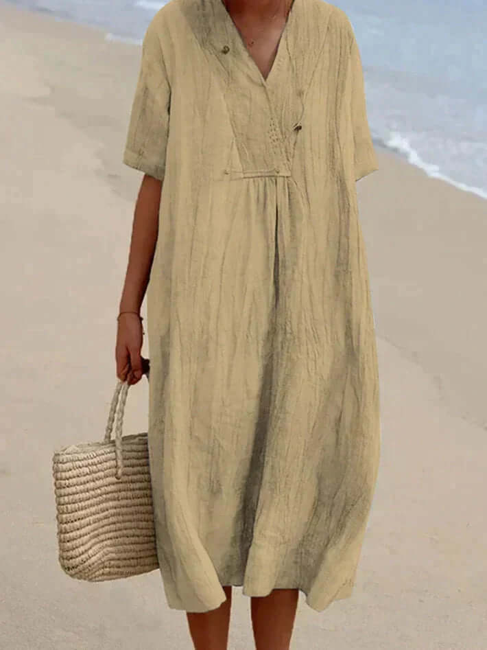 Femme Robe Midi Manches Courtes avec Col en V et Coupe Ample