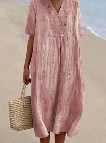 Femme Robe Midi Manches Courtes avec Col en V et Coupe Ample