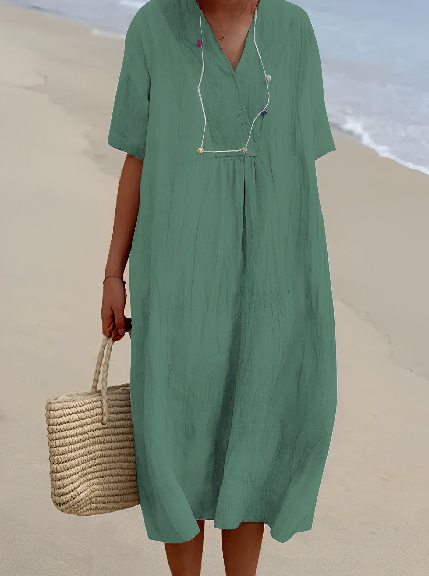 Women's Short Sleeve Midi Dress with V-Neck and Loose Fit - 8