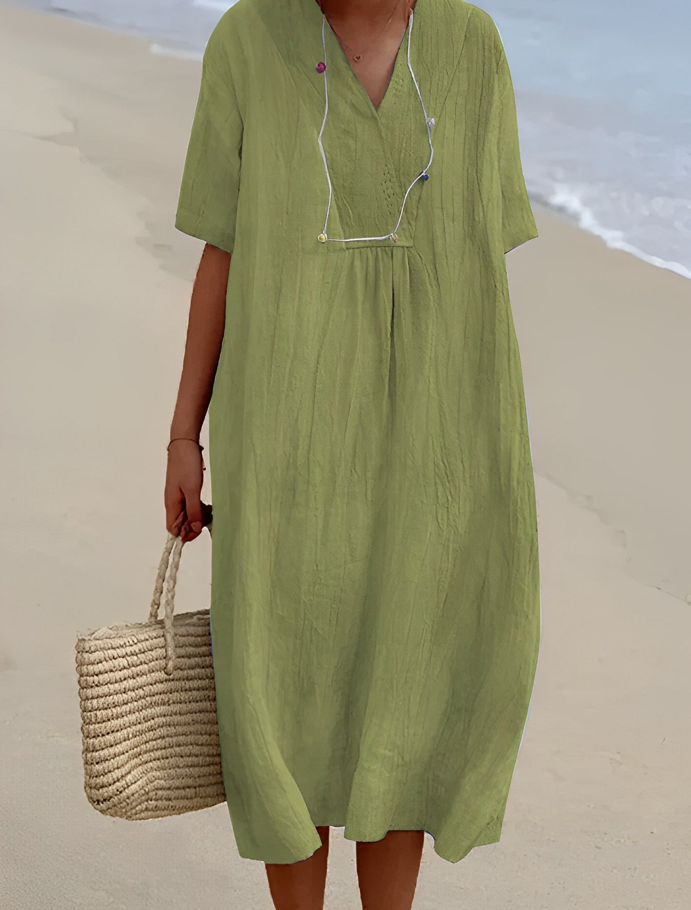 Femme Robe Midi Manches Courtes avec Col en V et Coupe Ample