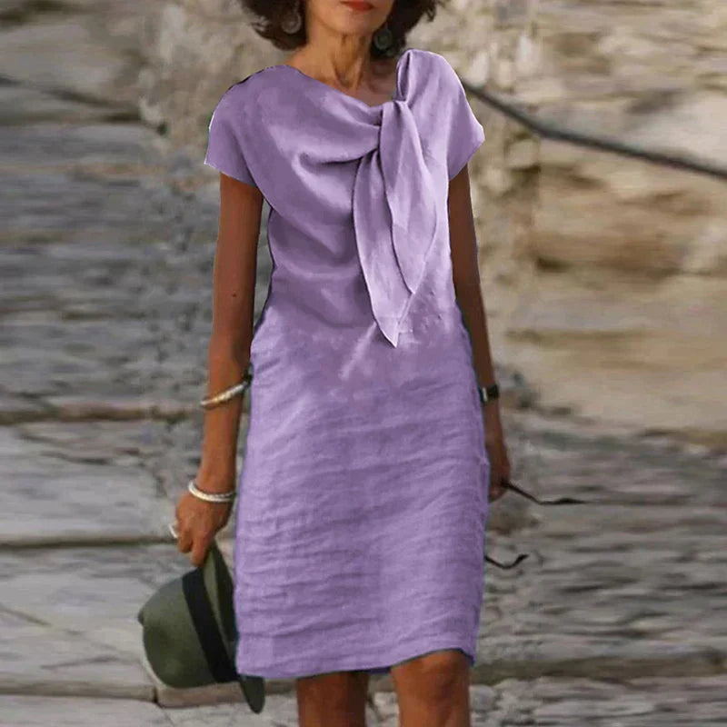 Femme Robe Midi Manches Courtes avec Nœud Décoratif