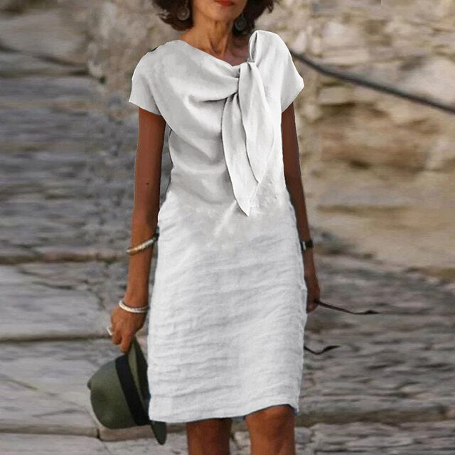 Femme Robe Midi Manches Courtes avec Nœud Décoratif