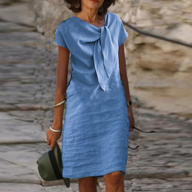 Femme Robe Midi Manches Courtes avec Nœud Décoratif