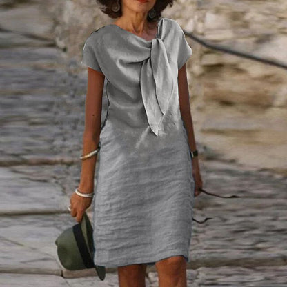 Women’s Midi Dress with Short Sleeves and Decorative Bow - 7