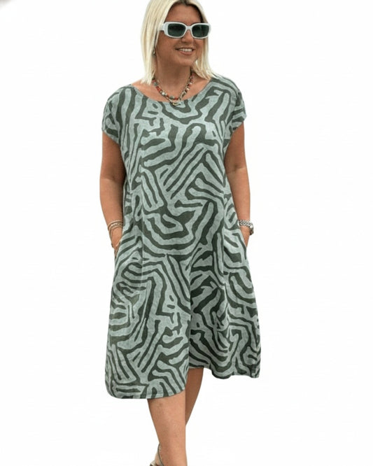 Femme Robe Midi Manches Courtes Col Rond à Imprimé Zébré avec Poches