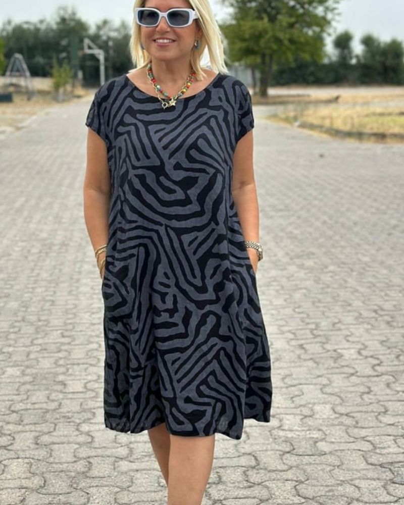 Femme Robe Midi Manches Courtes Col Rond à Imprimé Zébré avec Poches