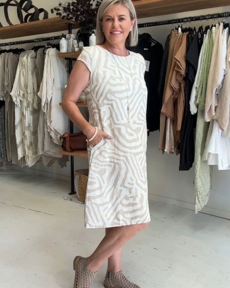 Femme Robe Midi Manches Courtes Col Rond à Imprimé Zébré avec Poches