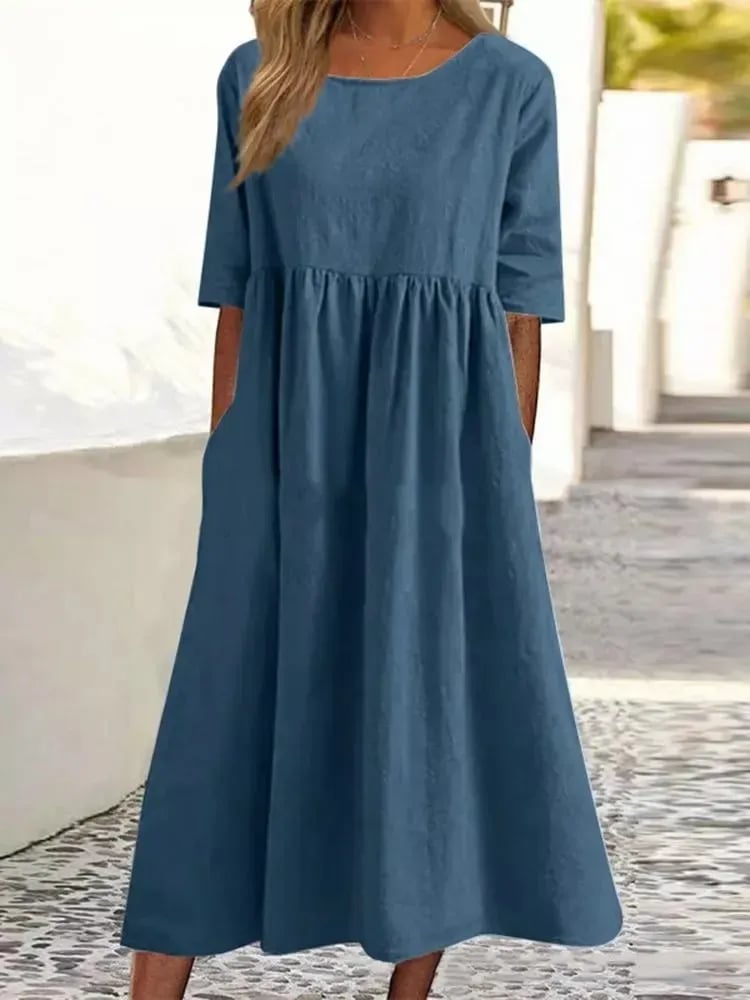Femme Robe Midi Manches Courtes Col Rond Taille Empire Ample avec Poches