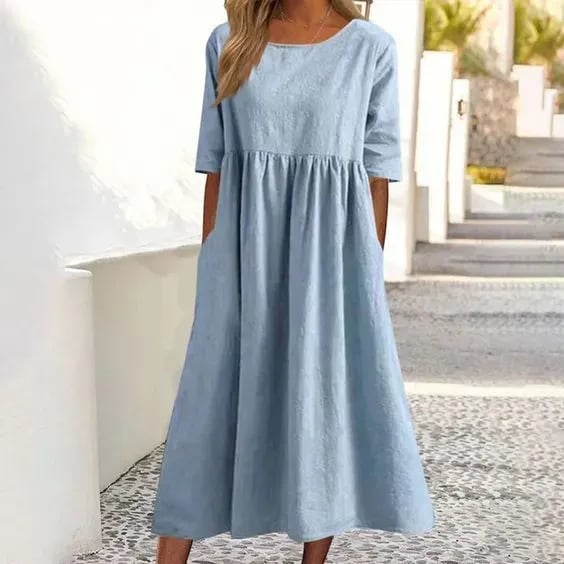Femme Robe Midi Manches Courtes Col Rond Taille Empire Ample avec Poches