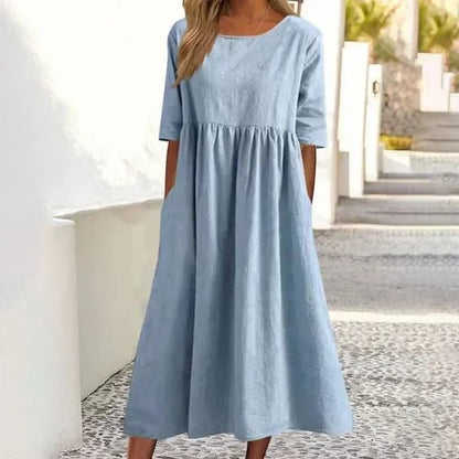 Women's Midi Dress with Short Sleeves, Round Neck, Empire Waist, and Pockets - 3