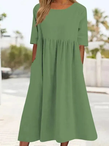 Women's Midi Dress with Short Sleeves, Round Neck, Empire Waist, and Pockets - 4