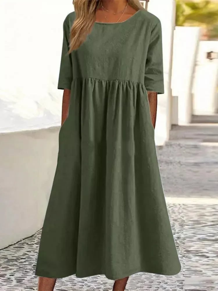 Women's Midi Dress with Short Sleeves, Round Neck, Empire Waist, and Pockets - 5