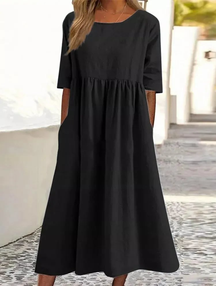 Femme Robe Midi Manches Courtes Col Rond Taille Empire Ample avec Poches