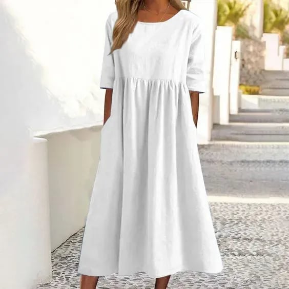 Femme Robe Midi Manches Courtes Col Rond Taille Empire Ample avec Poches