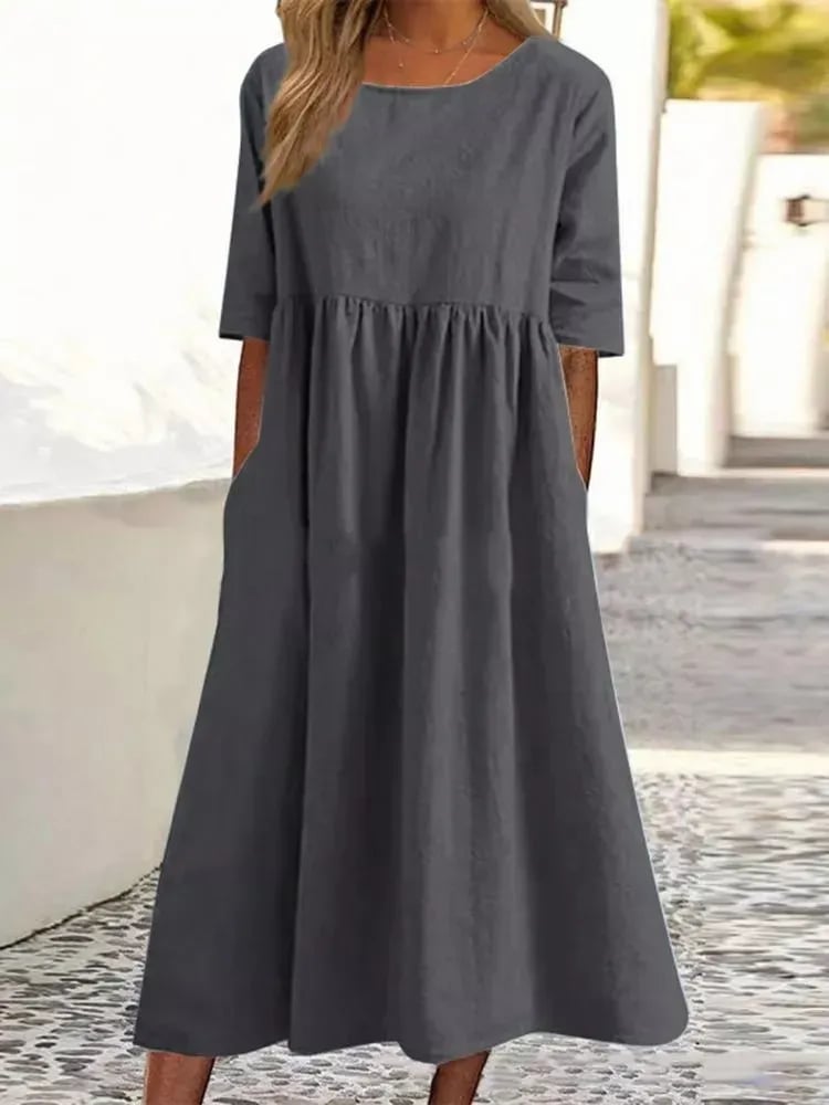 Women's Midi Dress with Short Sleeves, Round Neck, Empire Waist, and Pockets - 8