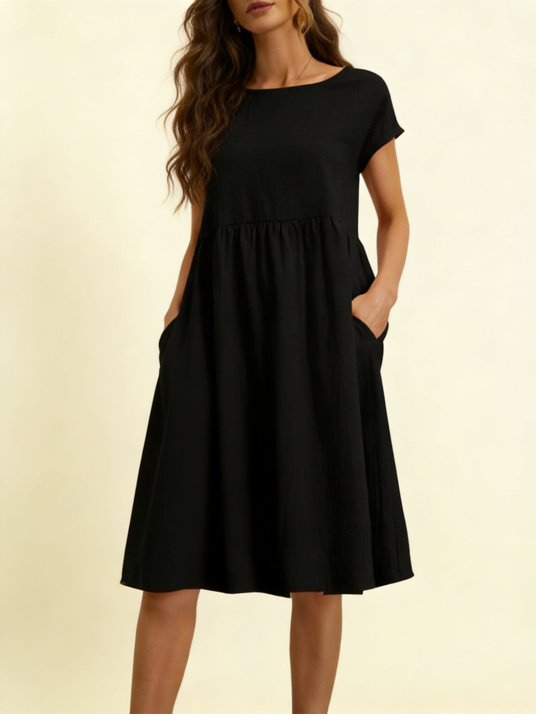 Femme Robe Midi Manches Courtes Encolure Ronde et Jupe Plissée 2