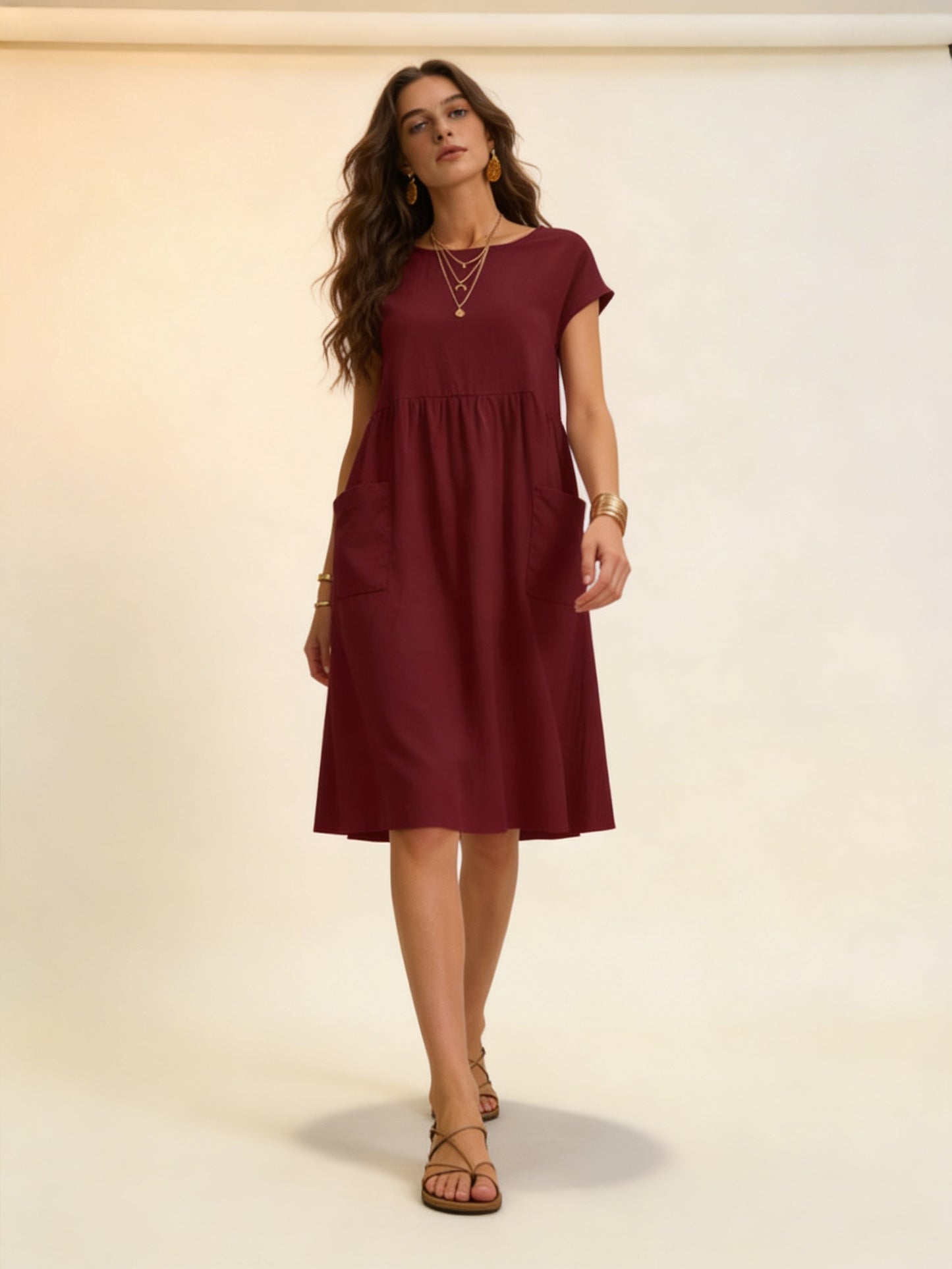 Femme Robe Midi Manches Courtes Encolure Ronde et Jupe Plissée 3