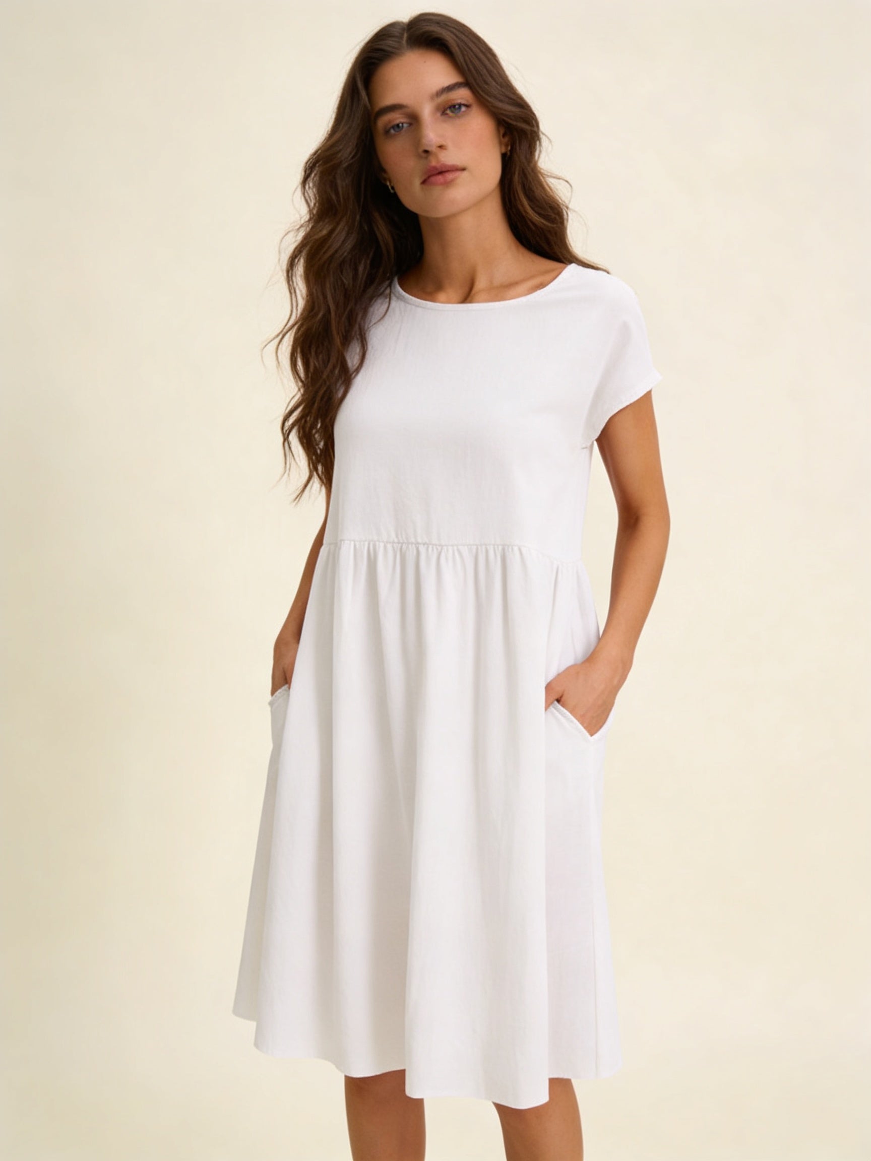 Femme Robe Midi Manches Courtes Encolure Ronde et Jupe Plissée 4