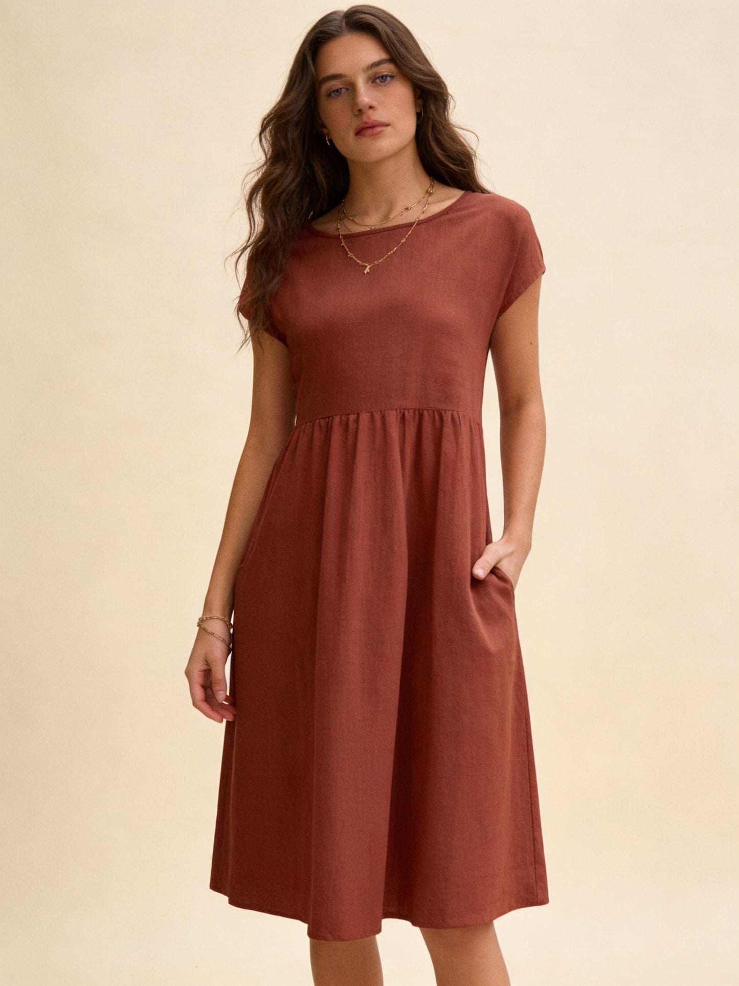 Femme Robe Midi Manches Courtes Encolure Ronde et Jupe Plissée 6