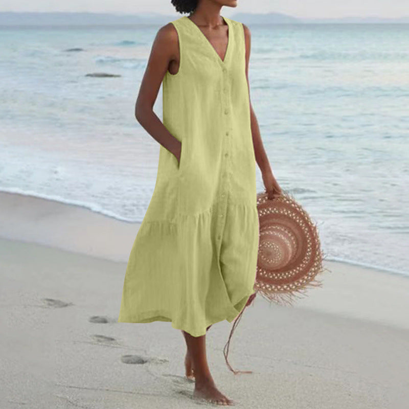 Femme Robe Midi Sans Manches avec Col en V et Boutonnage