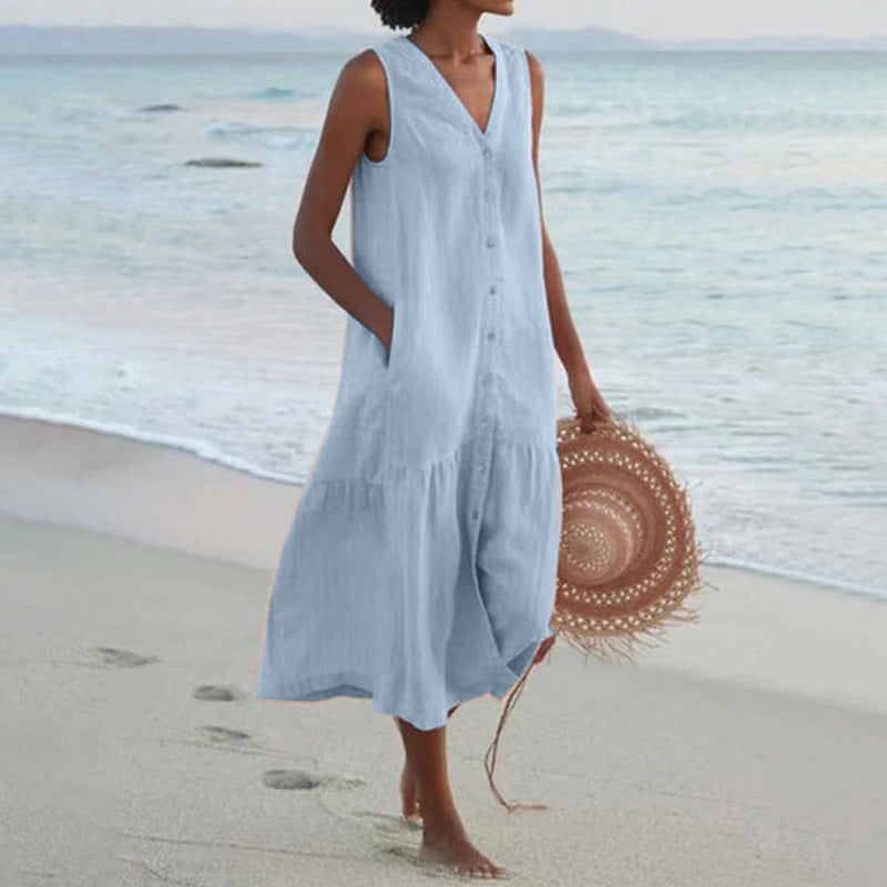 Femme Robe Midi Sans Manches avec Col en V et Boutonnage
