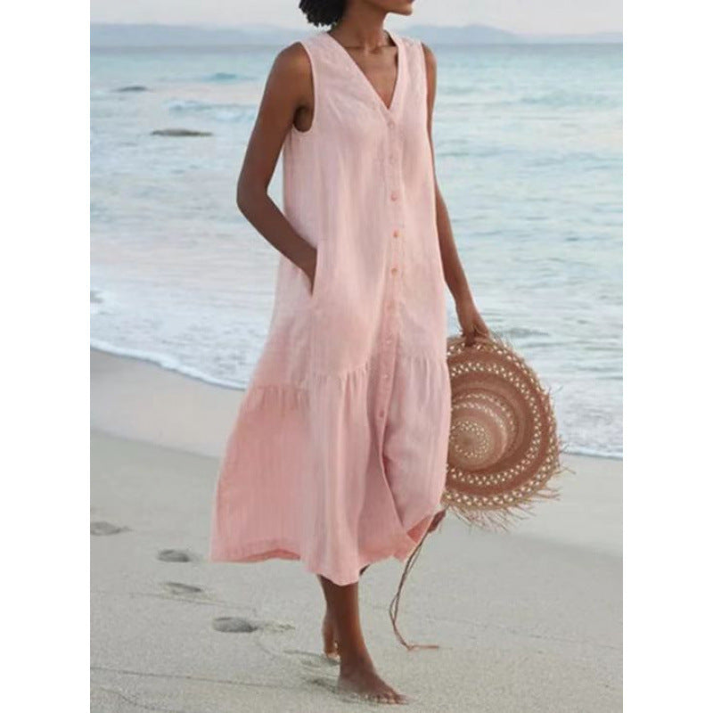 Femme Robe Midi Sans Manches avec Col en V et Boutonnage