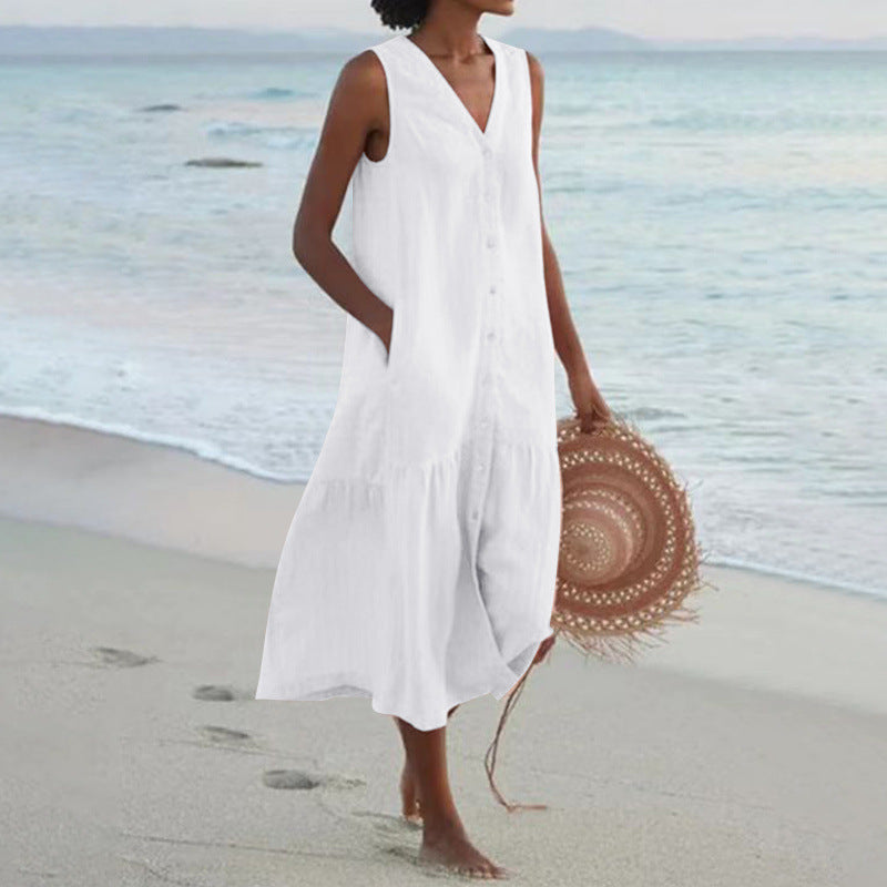 Femme Robe Midi Sans Manches avec Col en V et Boutonnage