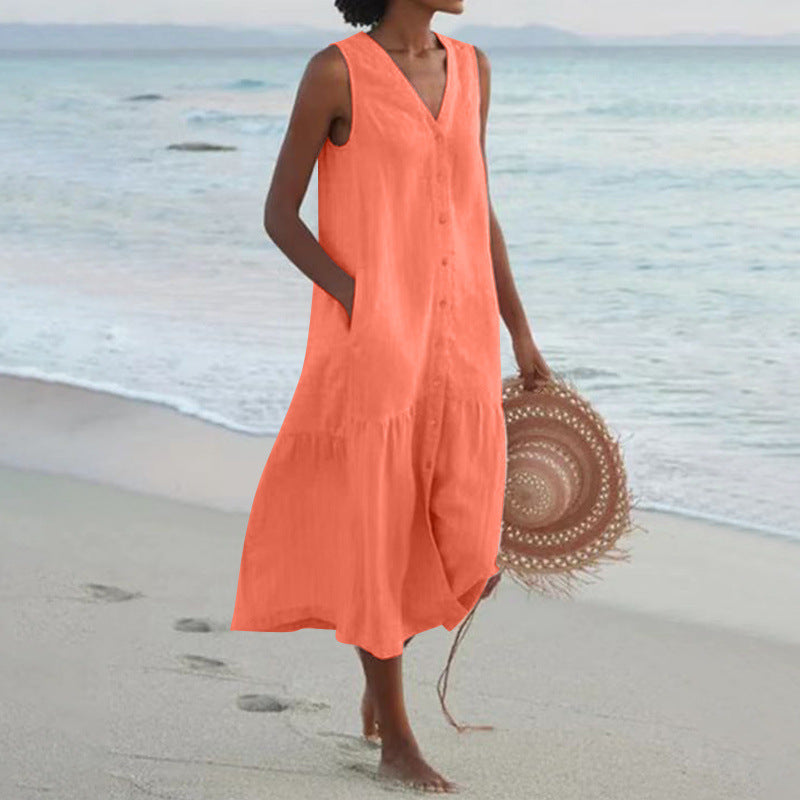 Femme Robe Midi Sans Manches avec Col en V et Boutonnage
