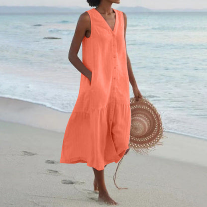 Femme Robe Midi Sans Manches avec Col en V et Boutonnage