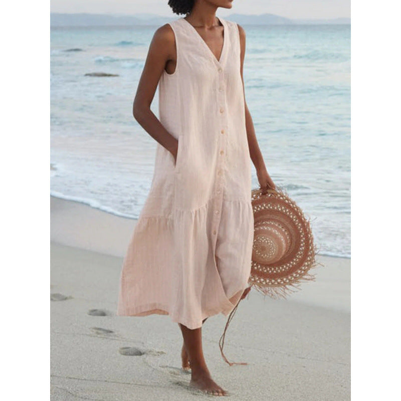 Femme Robe Midi Sans Manches avec Col en V et Boutonnage