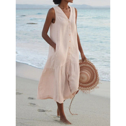 Femme Robe Midi Sans Manches avec Col en V et Boutonnage